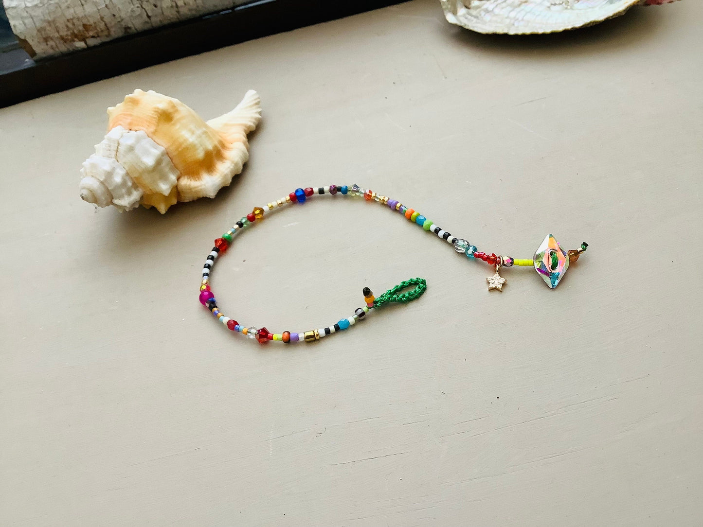 Delicate tiny bead colorful bracelet with Swarovski button