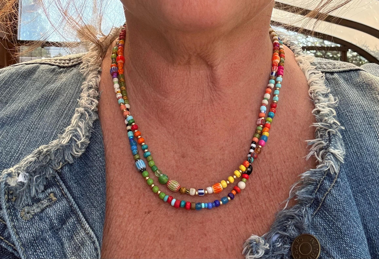 Colorful belize necklaces, made with specialty African Ghana beads, boho naturally crocheted jewelry