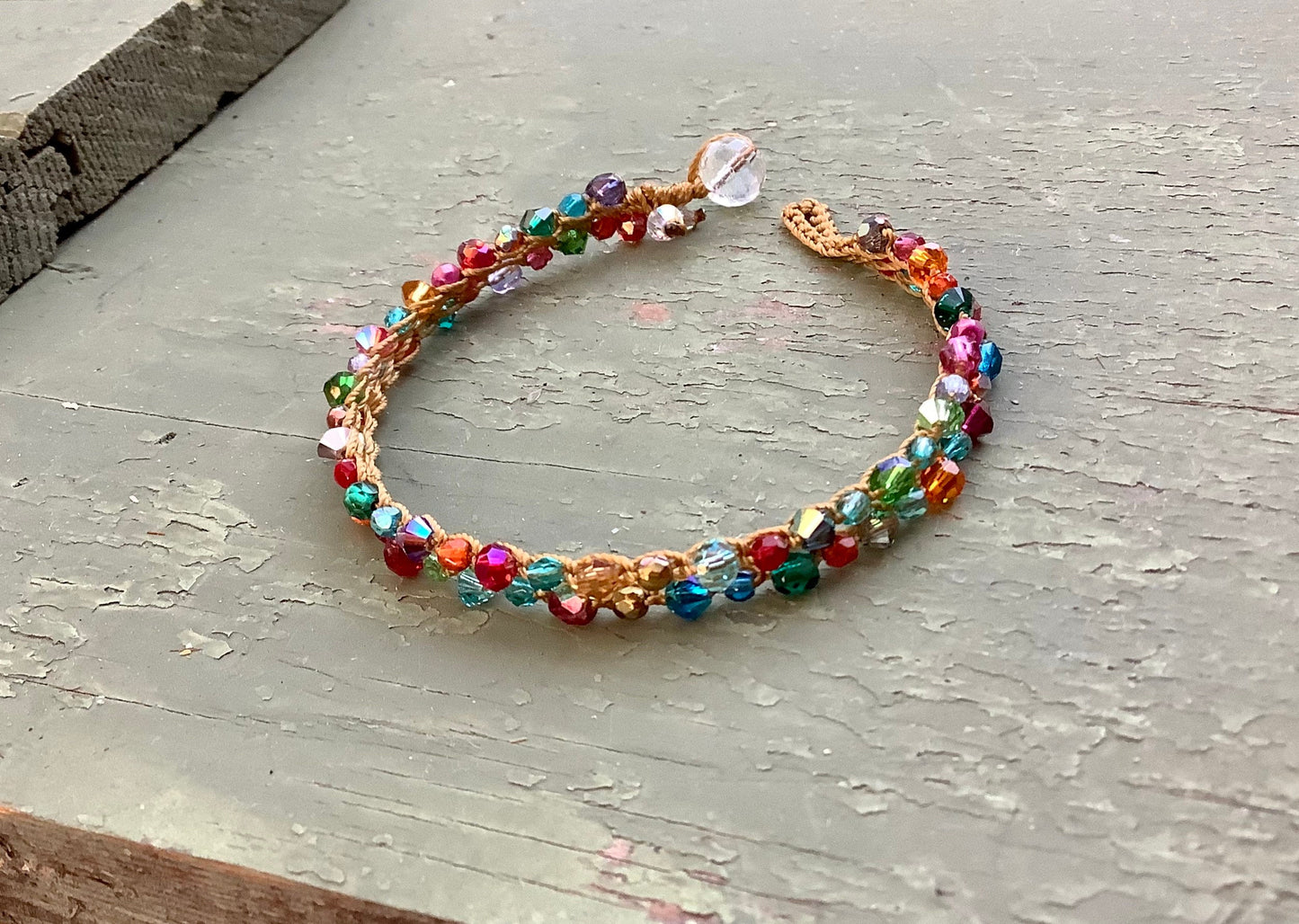 Crocheted double “tennis"  bracelet , Spring Rainbow colors, boho, earthy, natural wear,