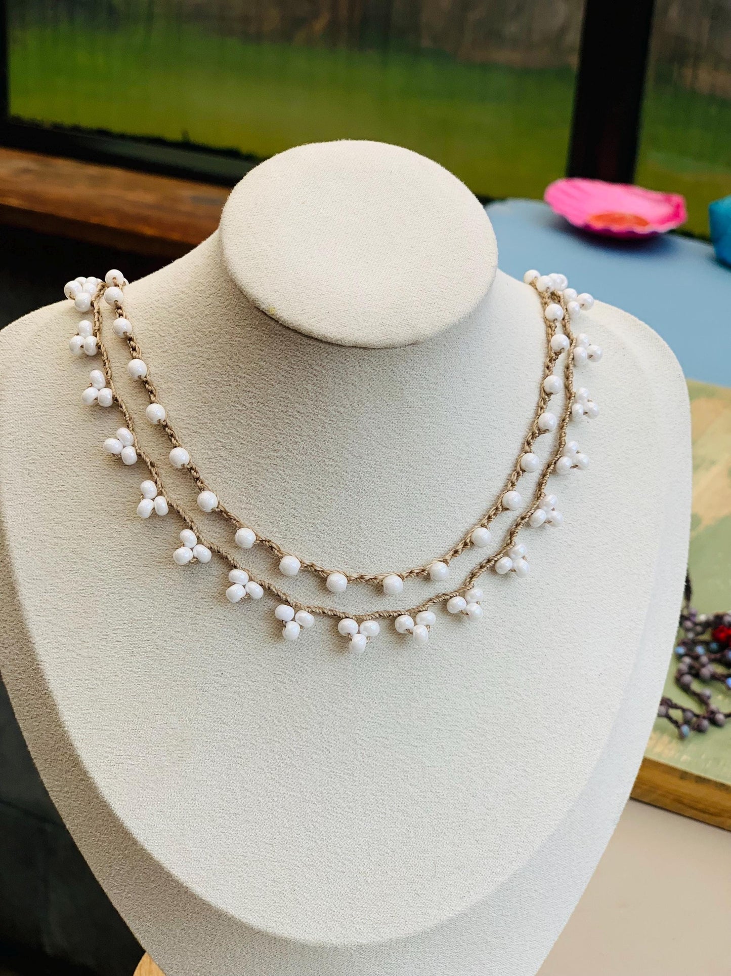 White Summer lace crocheted necklaces, boho, pretty summer necklace