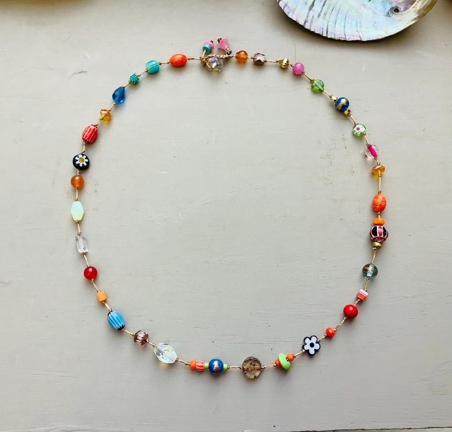 Colorful Gemstone Crystal Necklace: Venetian Ghana Beads, Crocheted Closure