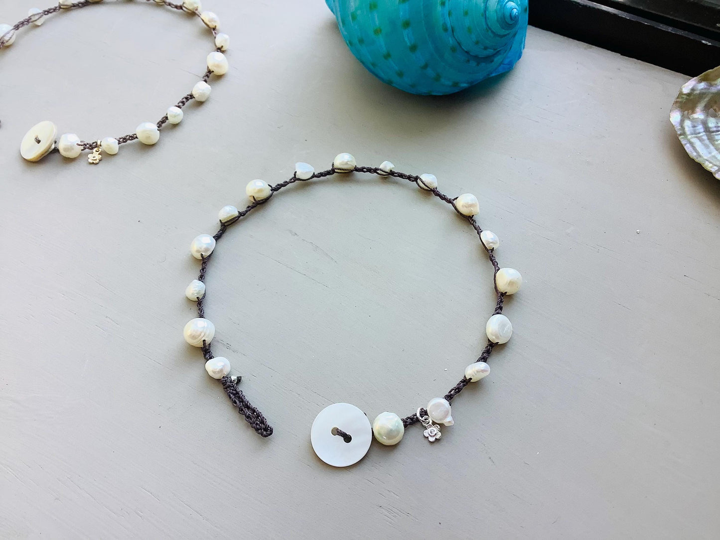 Pearl nugget earthy crocheted anklet, earthy summer wear