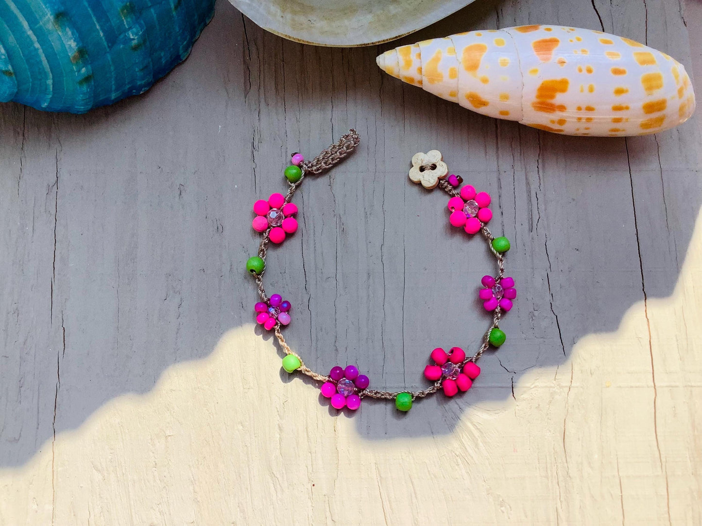 Boho crocheted hippie anklet,  fun flowers