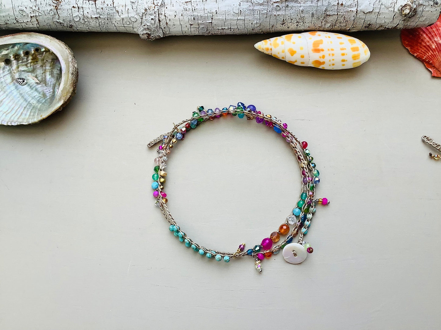 Island girl Turquoise 4 x gemstone crystal crocheted earthy wrap bracelet sable cord