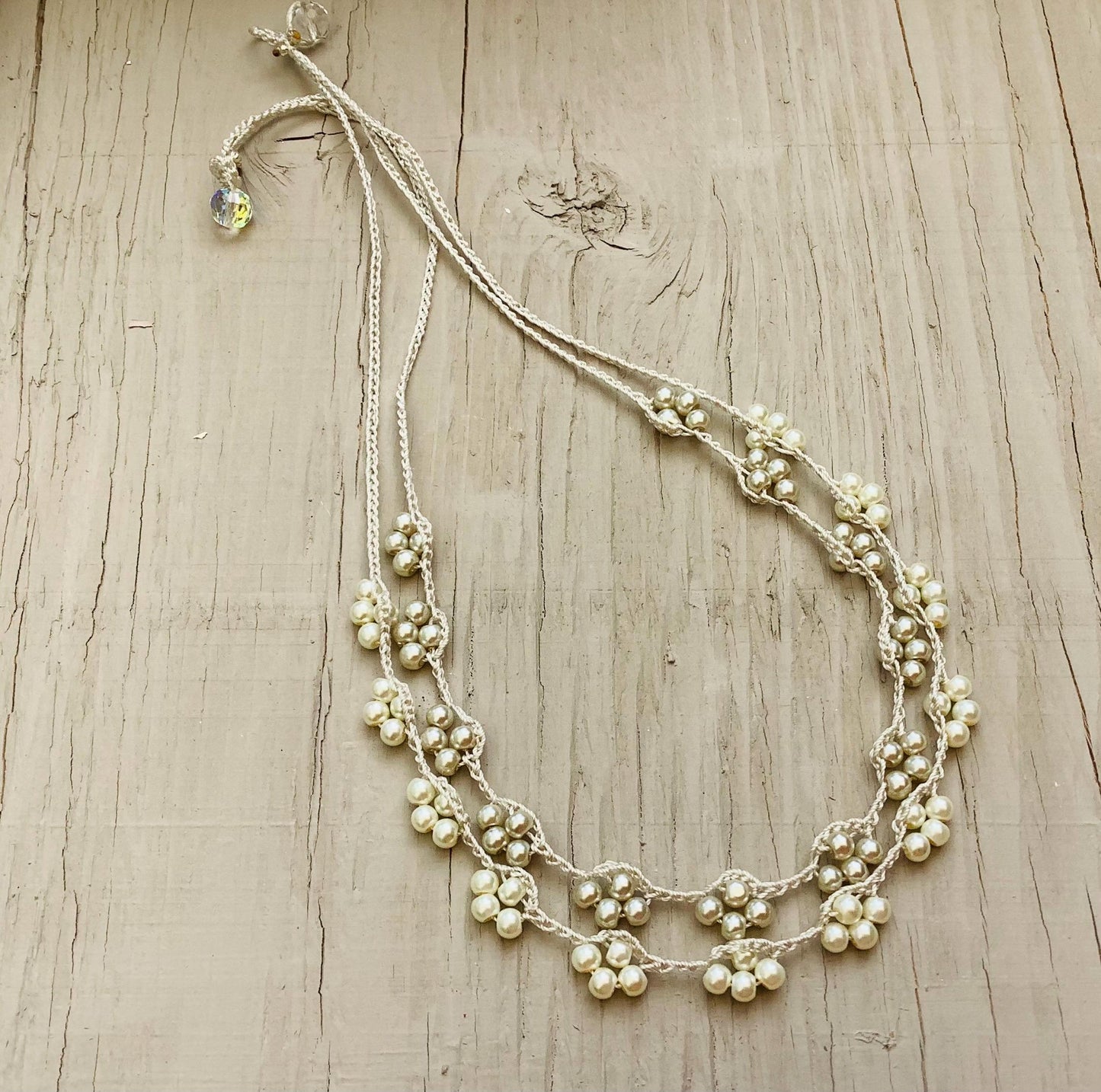 Turkish Lace Crocheted Necklace: Mother of Pearl, Crystal, Oya Style