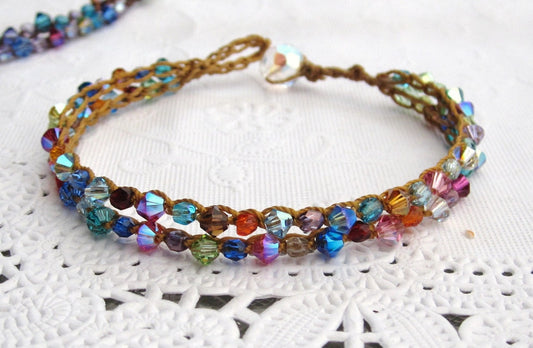 Crocheted double “tennis"  bracelet , Spring Rainbow colors, boho, earthy, natural wear,