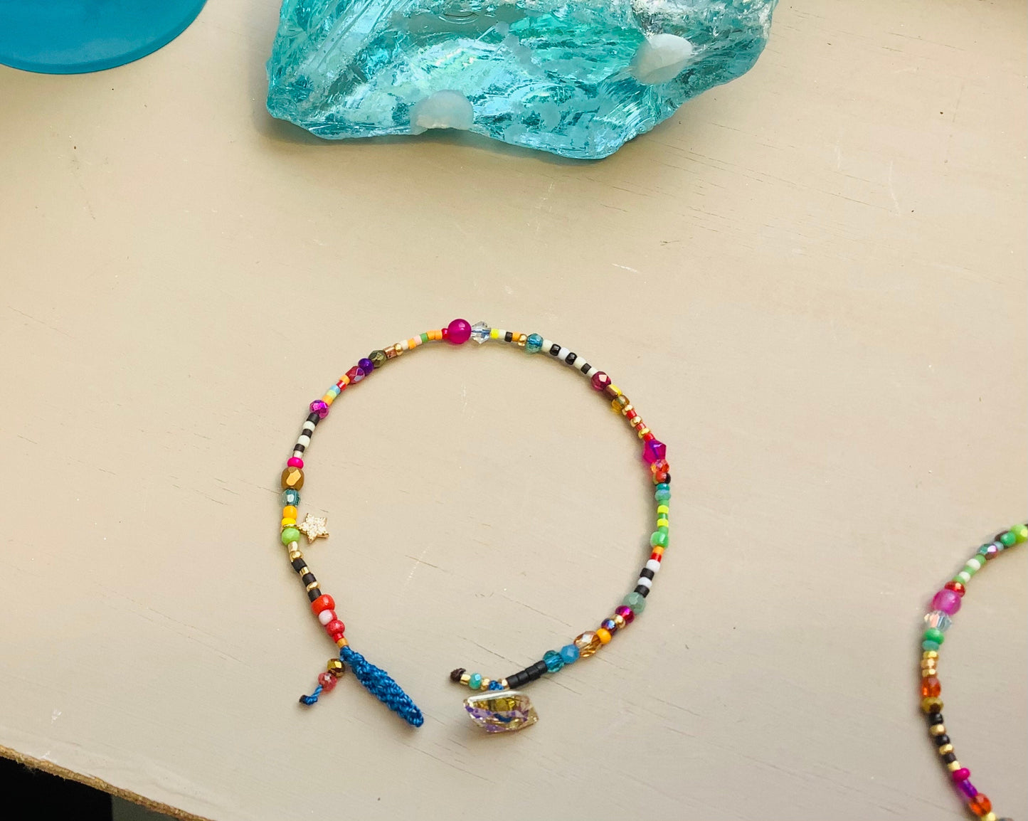 Delicate tiny bead colorful bracelet with Swarovski button