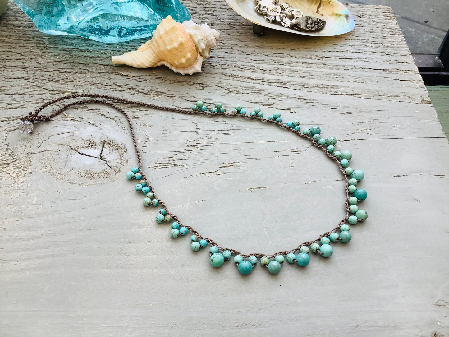 Turquoise Crocheted lace necklace, boho earthy metal fee