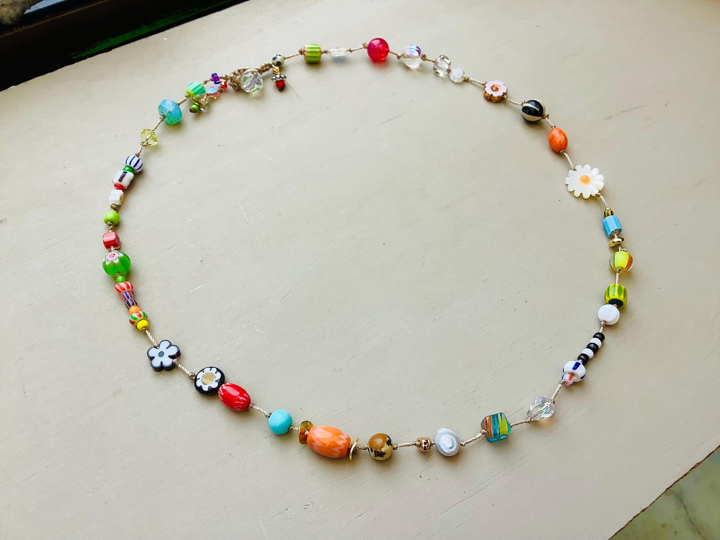 Colorful Gemstone Crystal Necklace: Venetian Ghana Beads, Flower Dangle