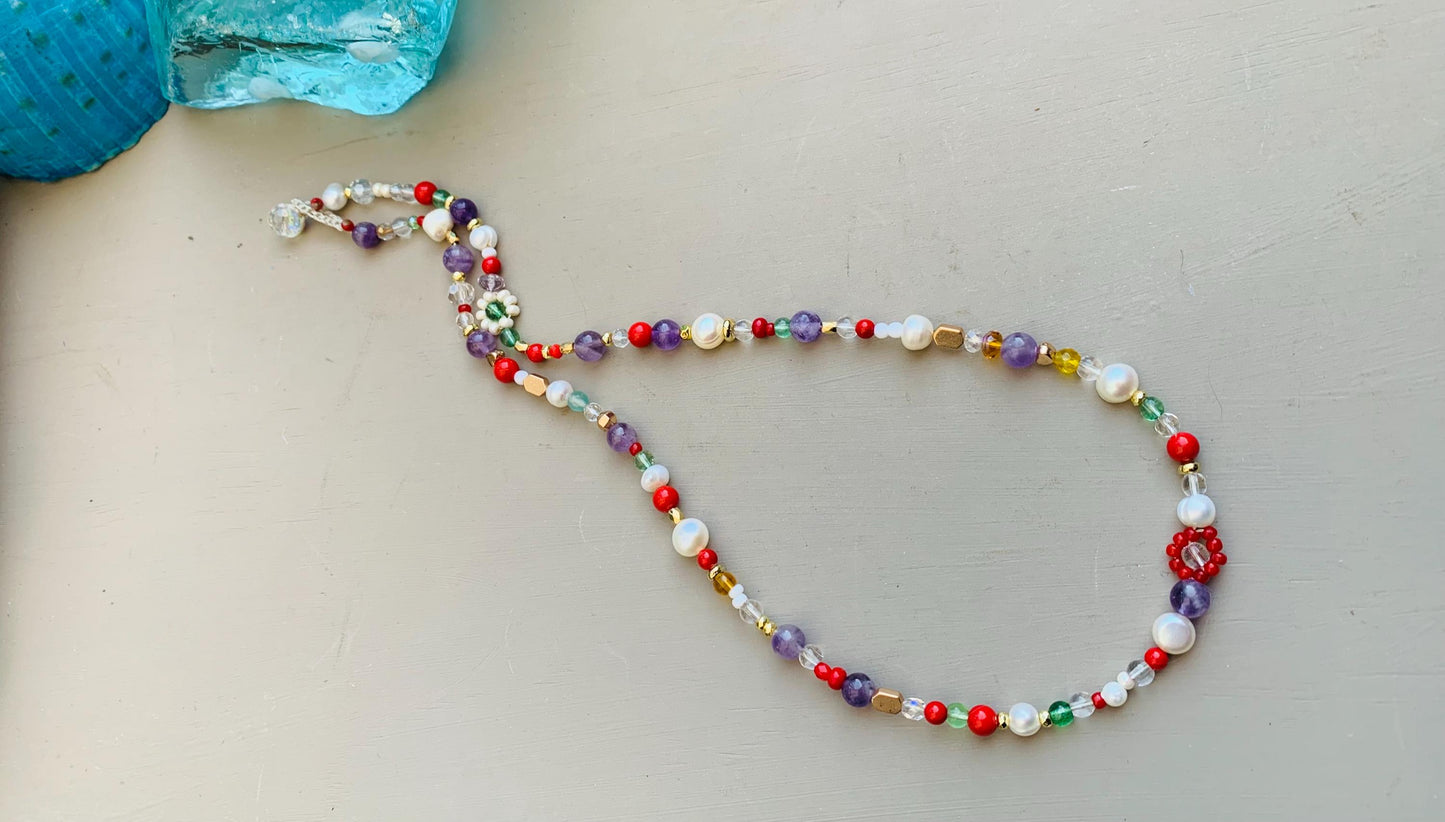 Daisy Pearl Beaded Necklace: Jasper, Amethyst, Agate
