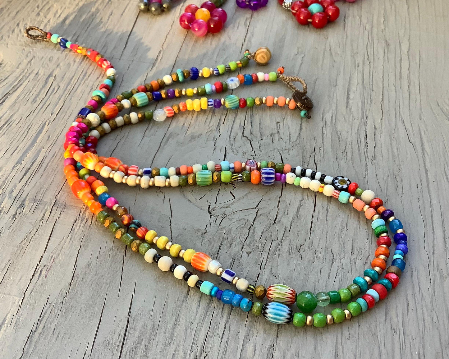 Colorful belize necklaces, made with specialty African Ghana beads, boho naturally crocheted jewelry
