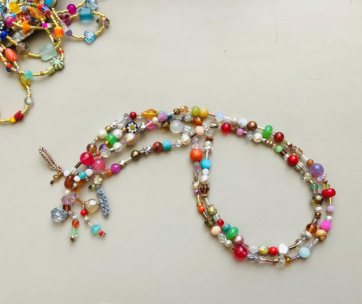 Colorful Gemstone Crystal Necklace: Crocheted Closure, Fun Friendship Jewelry