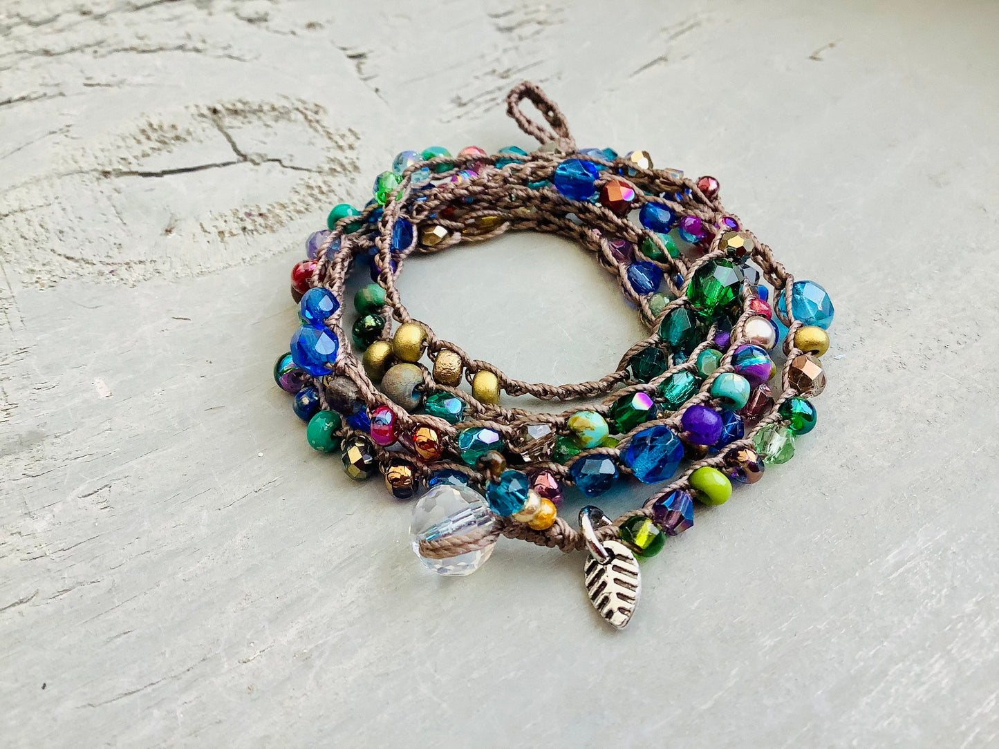 Splash of blue crocheted wrap bracelet and necklace