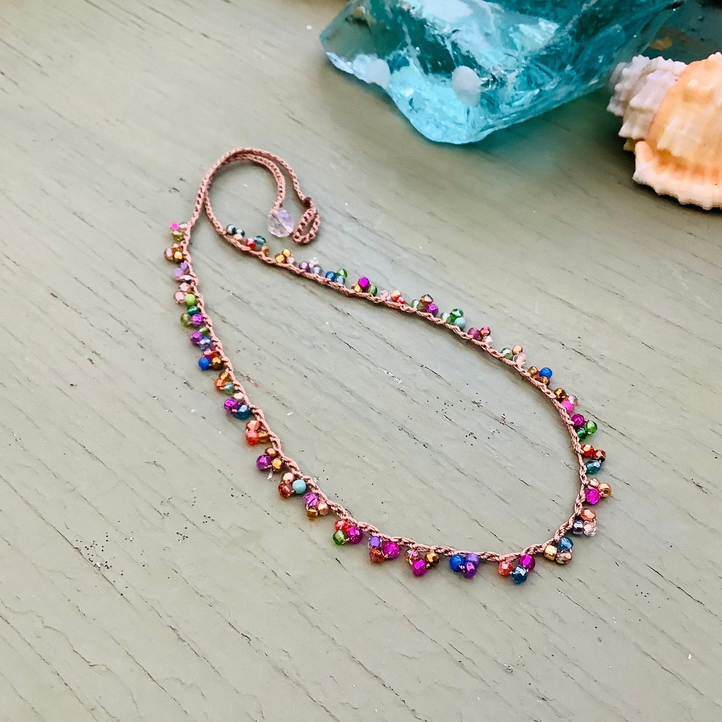 Lacy crocheted tiny crystal and gems necklace