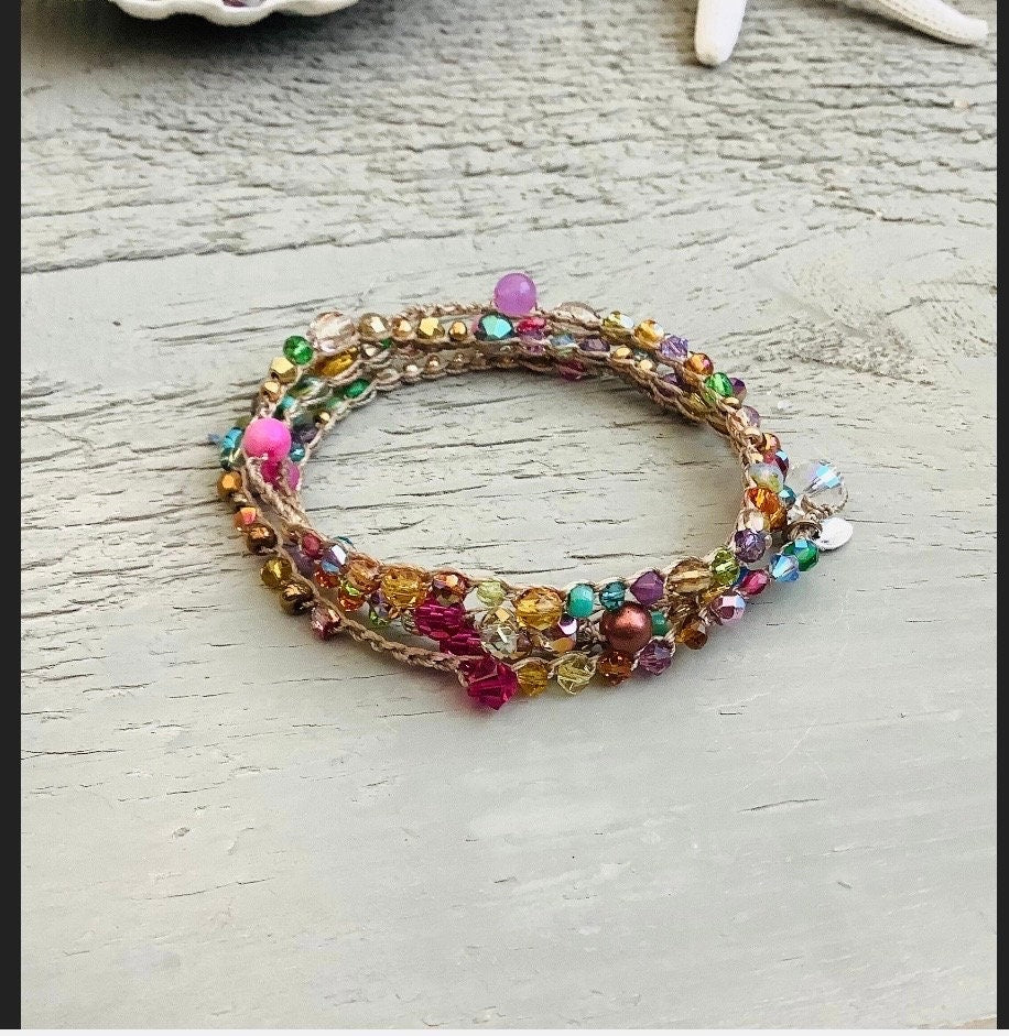 Splash of Pink crocheted wrap bracelet or necklace, natural crocheted jewelry