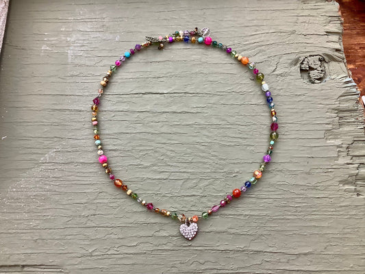 Hand-knotted crystal and gemstone necklace with rhinestone heart