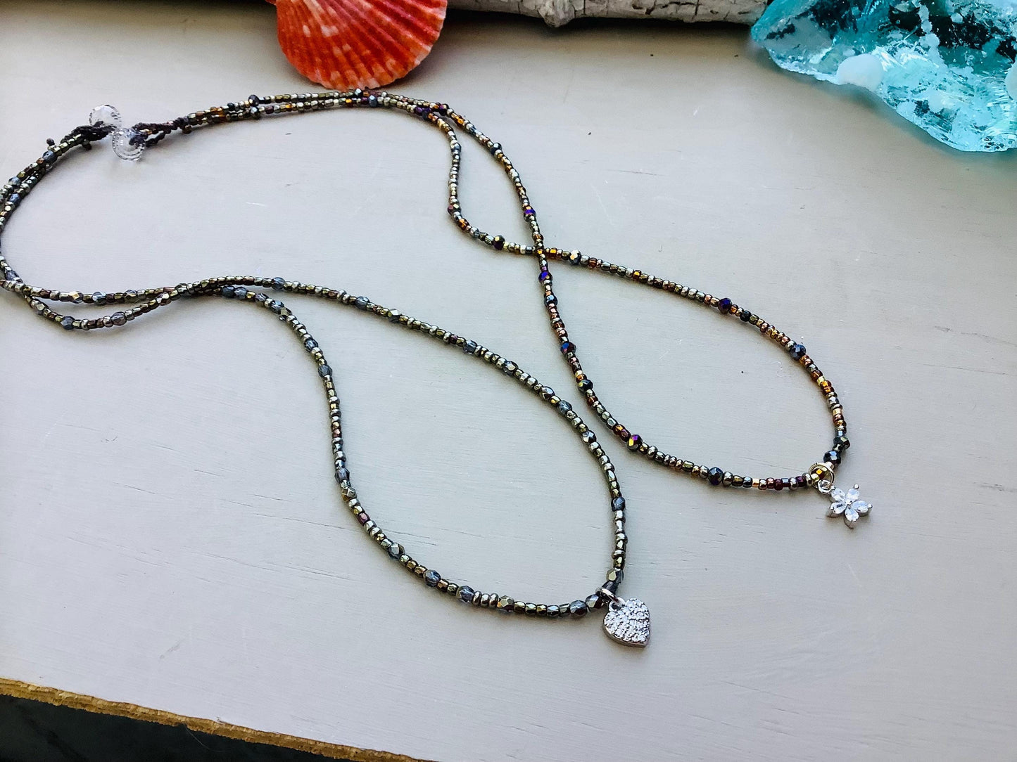 Tiny bead delica petite minimalist necklace with sterling pendant