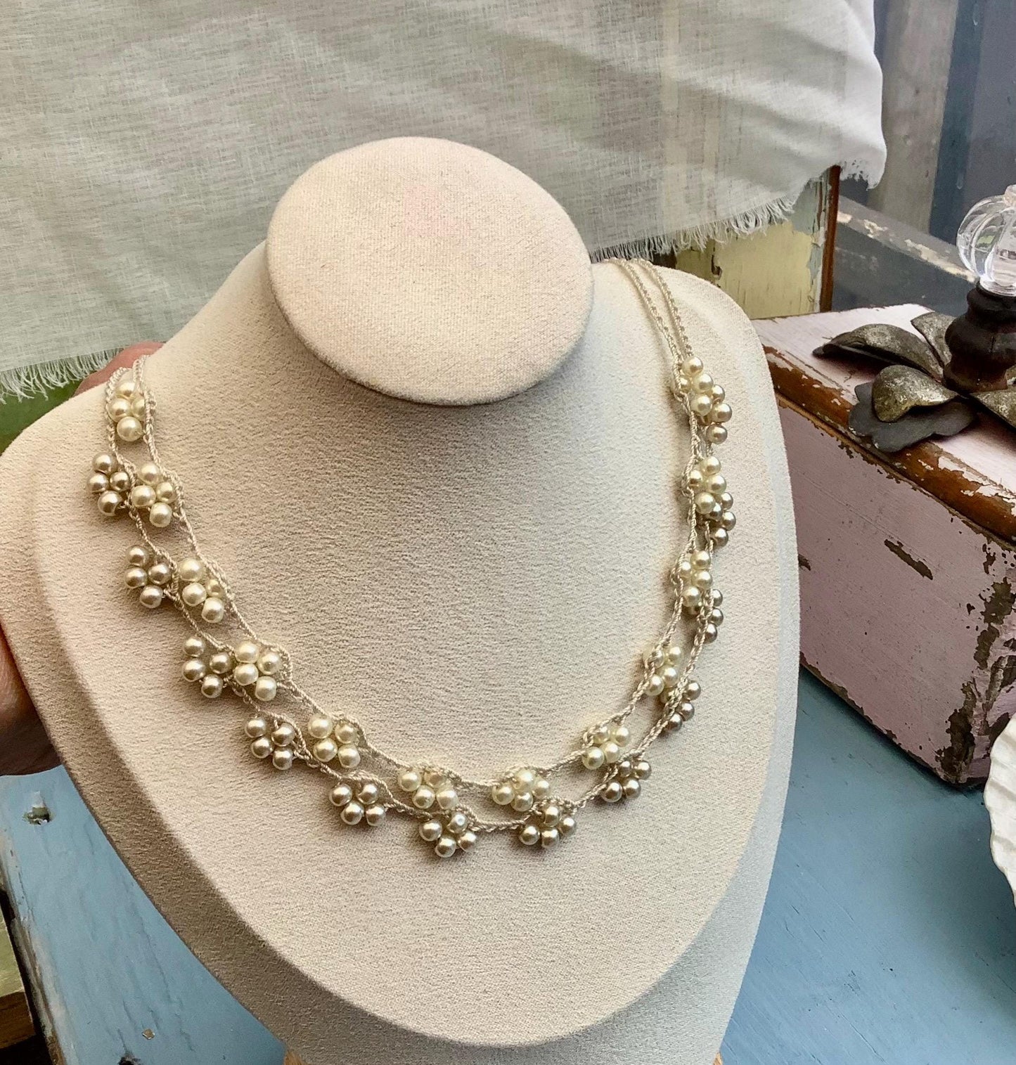 Turkish Lace Crocheted Necklace: Mother of Pearl, Crystal, Oya Style