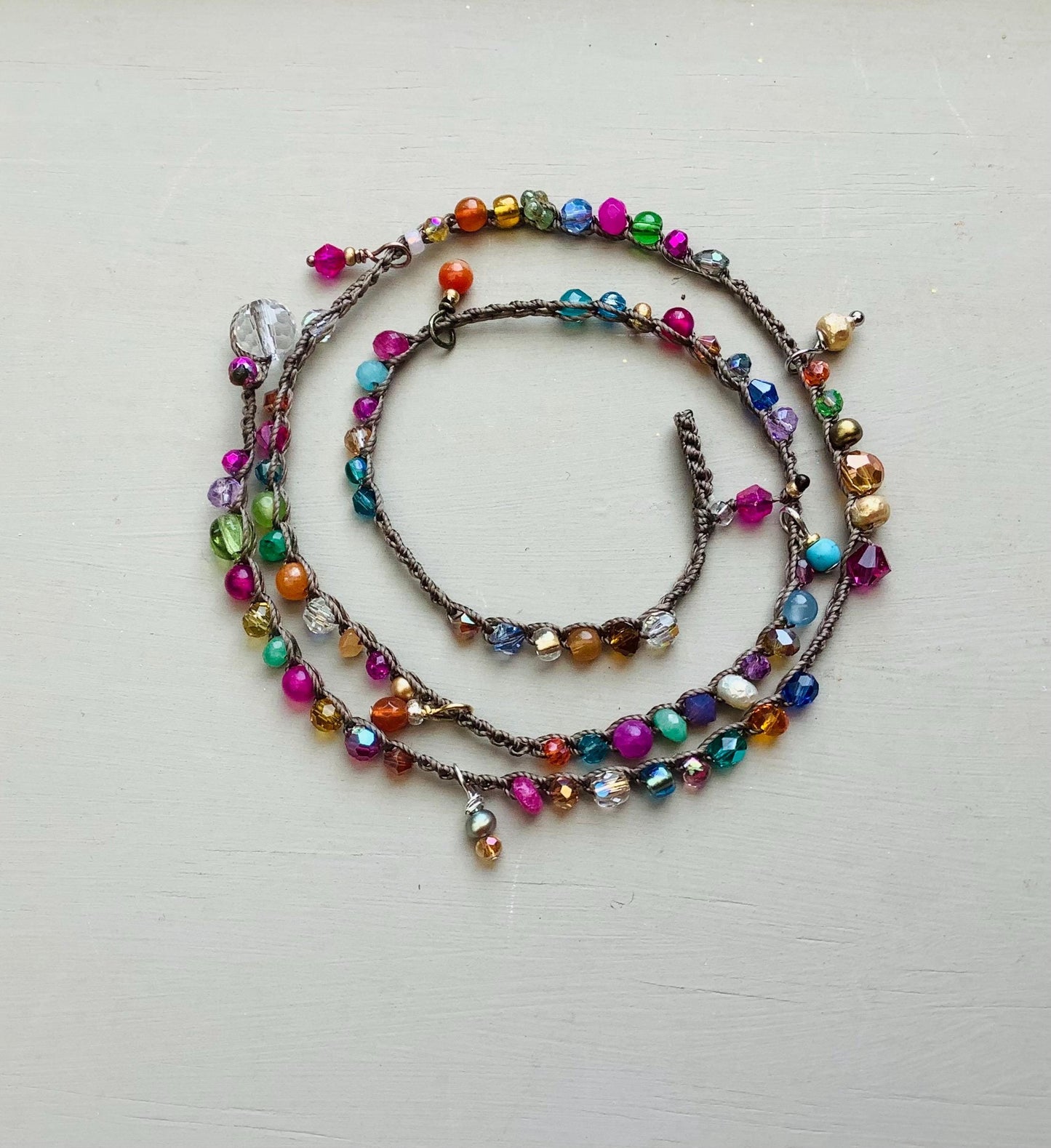 Gypsy anklet, with gem and crystal drops, natural relaxed wear, beach wear