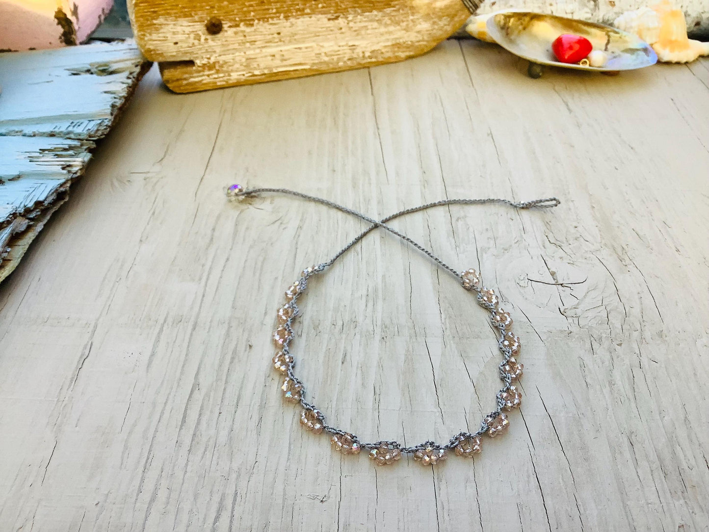 Crocheted Lace Necklace: Turkish Style Champagne Crystals