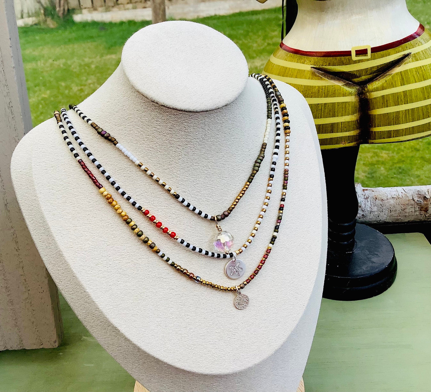 Striped Toho neutral tones petite glass necklaces