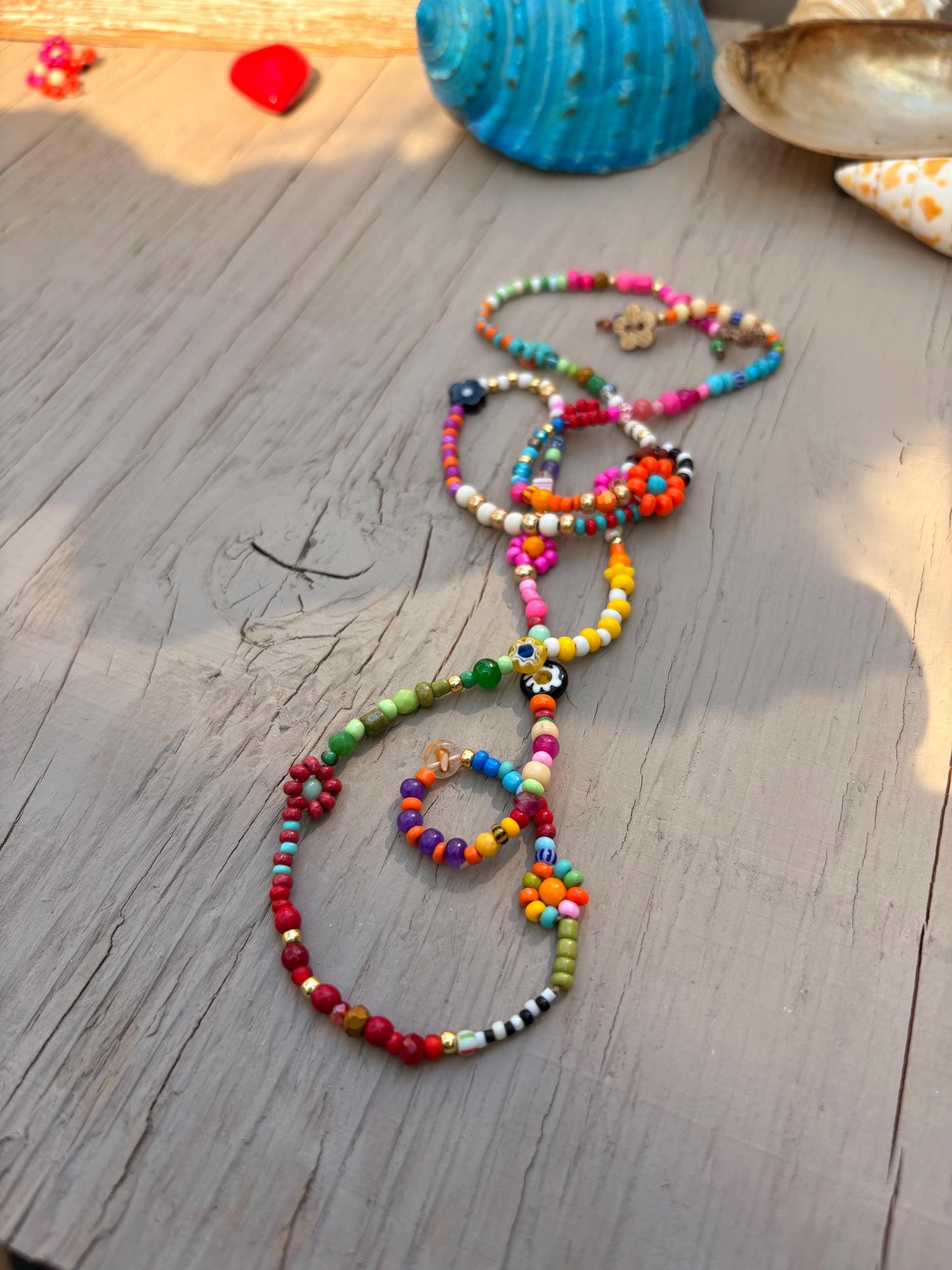 Handwoven Flower Lei Necklace: Colorful Seed Bead Summer Jewelry