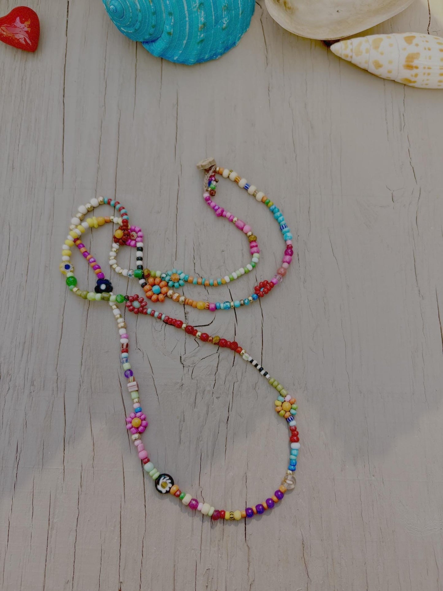 Handwoven Flower Lei Necklace: Colorful Seed Bead Summer Jewelry