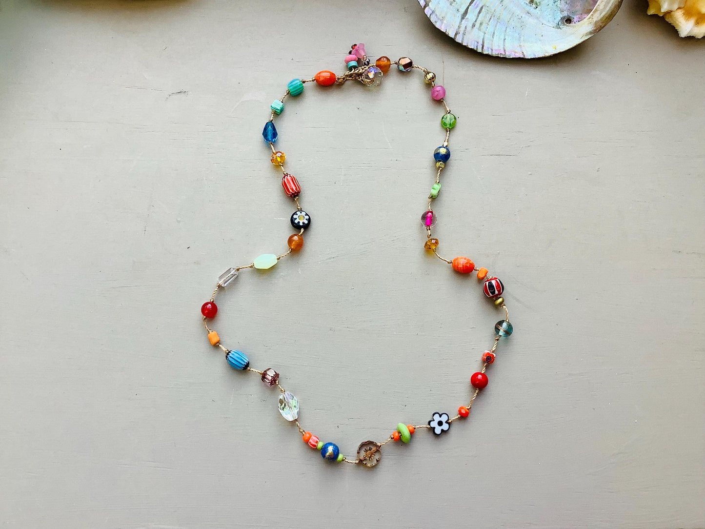 Colorful Gemstone Crystal Necklace: Venetian Ghana Beads, Crocheted Closure