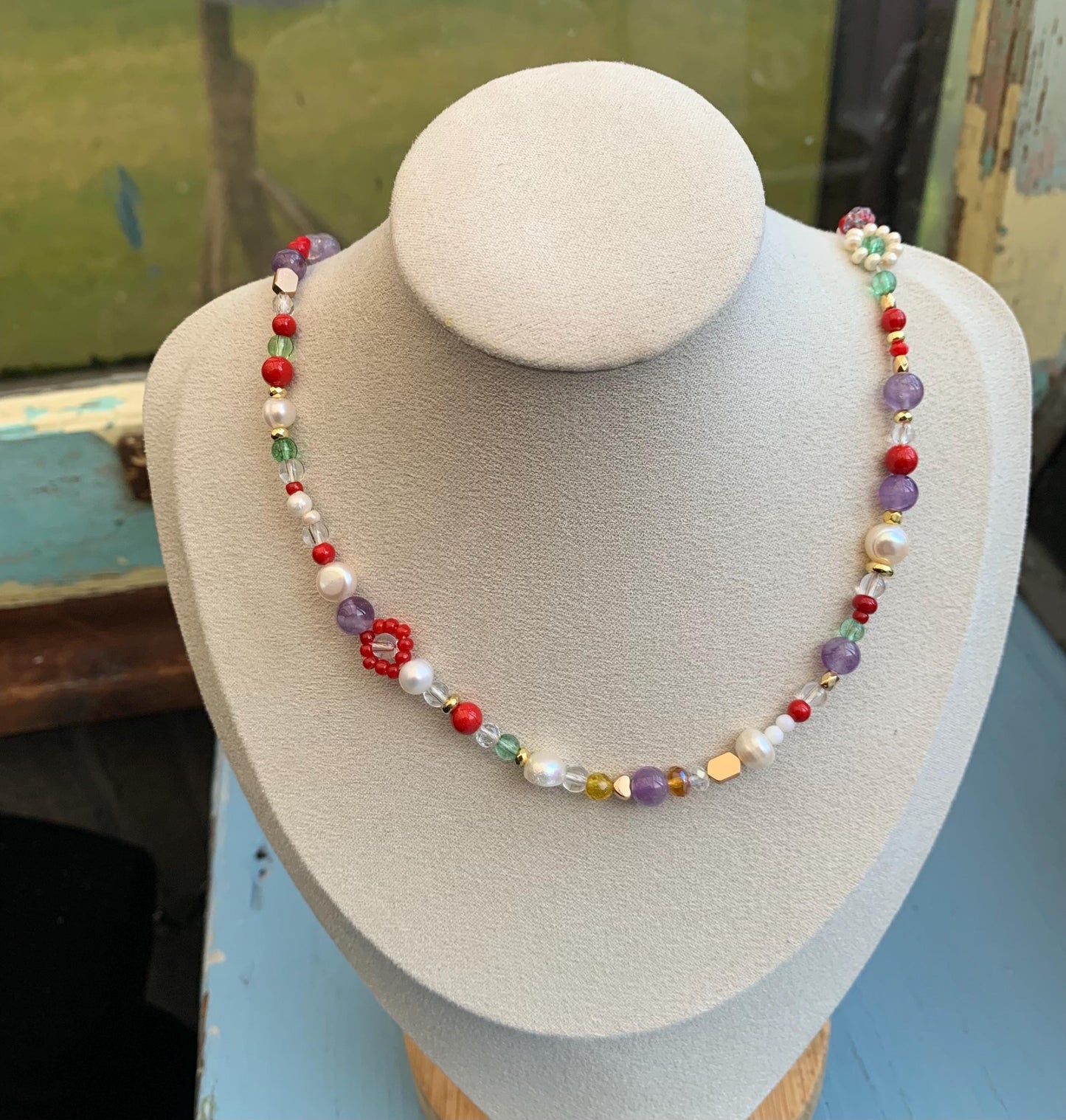 Daisy Pearl Beaded Necklace: Jasper, Amethyst, Agate