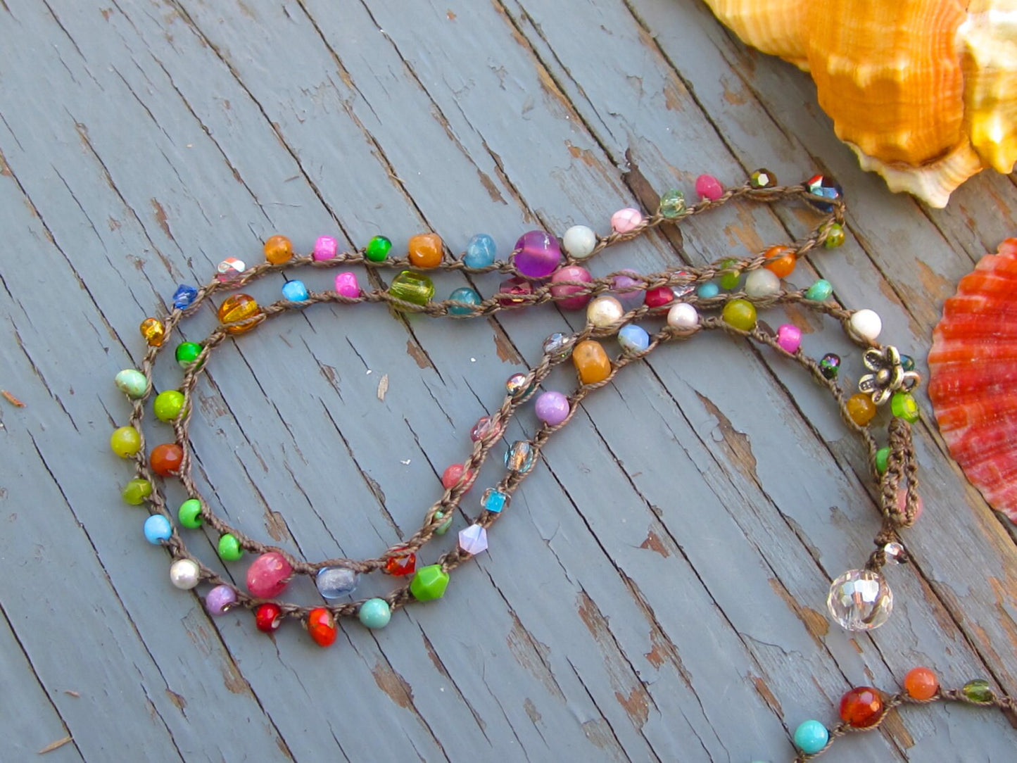 Crocheted Gemstone Necklace: Colorful Hippie Wrap Bracelet