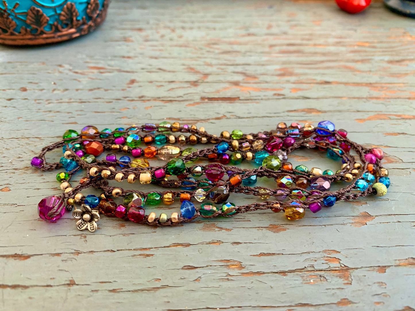 Splash of Pink crocheted wrap bracelet or necklace, natural crocheted jewelry