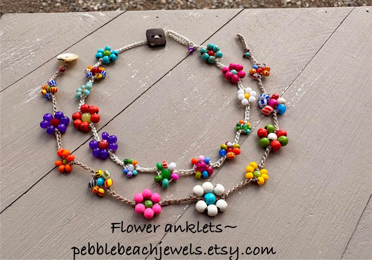 Boho crocheted hippie anklet,  fun flowers