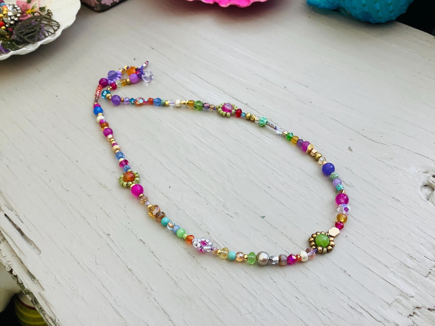 Daisy Pearl Beaded Necklace: Jasper, Amethyst, Agate