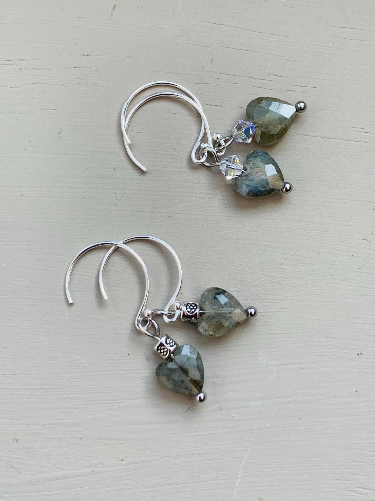 Labradorite Heart Earrings: Sterling Silver, Swarovski Crystal Accent