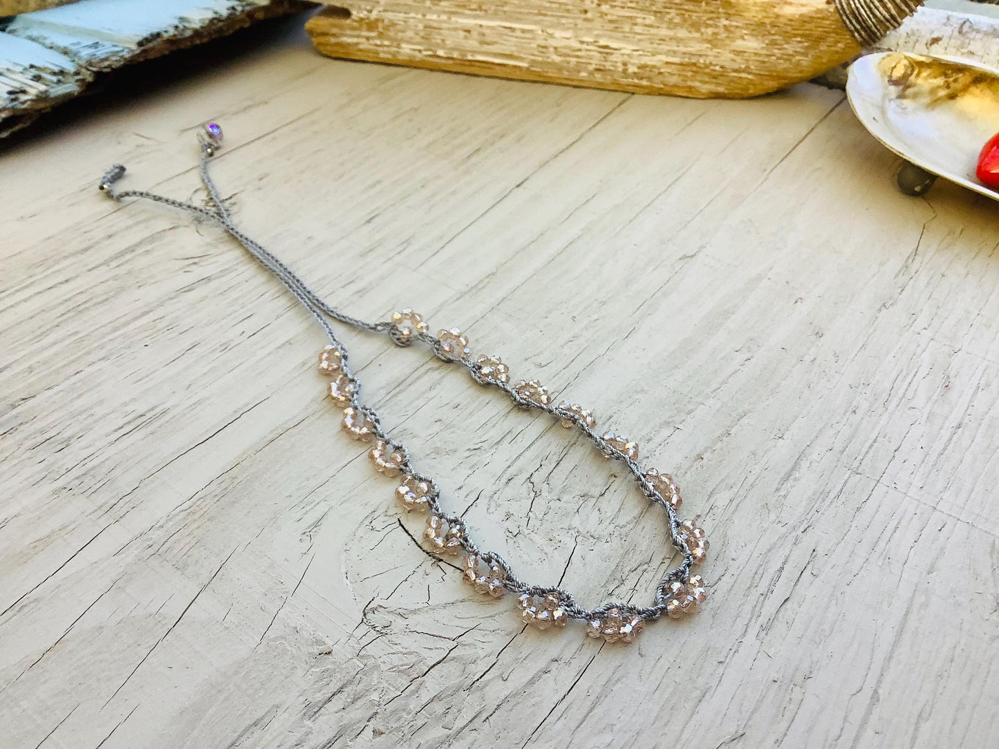 Crocheted Lace Necklace: Turkish Style Champagne Crystals