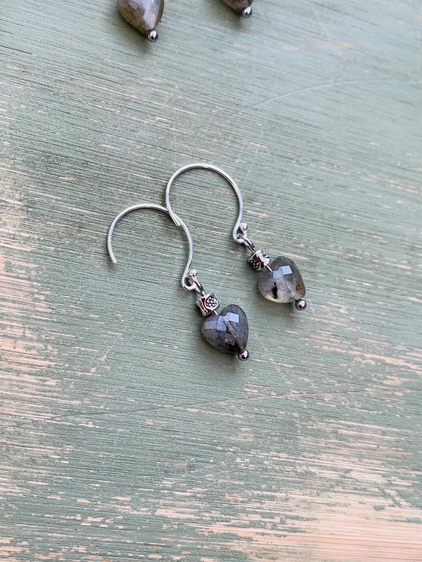 Labradorite Heart Earrings: Sterling Silver, Swarovski Crystal Accent