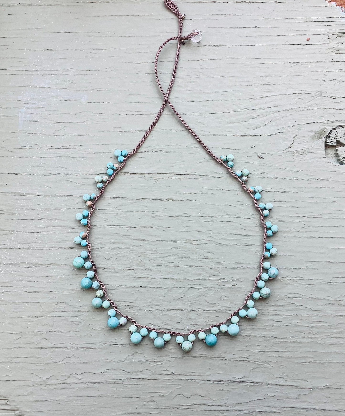 Turquoise Crocheted lace necklace, boho earthy metal fee