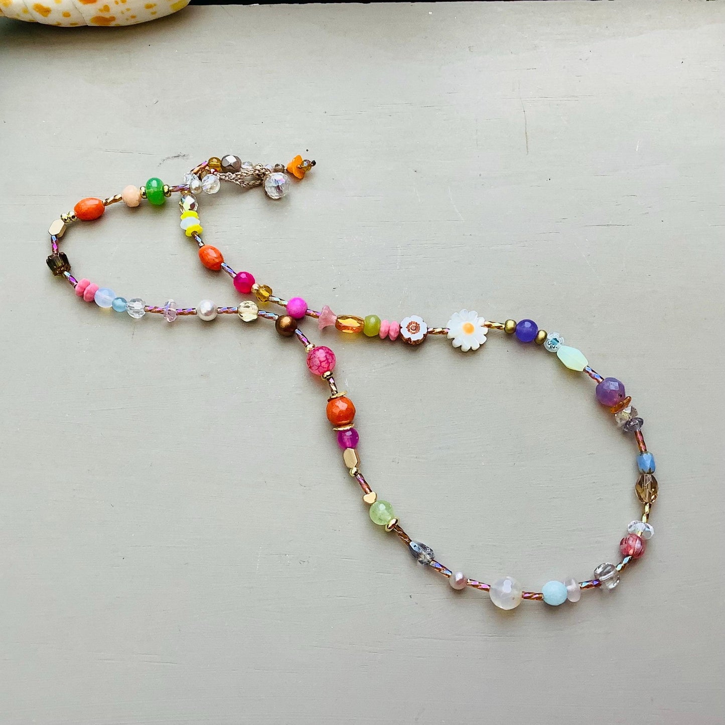 Colorful Gemstone Crystal Necklace: Venetian Ghana Beads, Flower Dangle