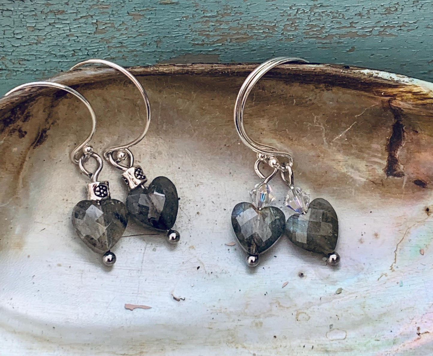 Labradorite Heart Earrings: Sterling Silver, Swarovski Crystal Accent