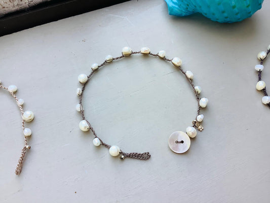 Pearl nugget earthy crocheted anklet, earthy summer wear