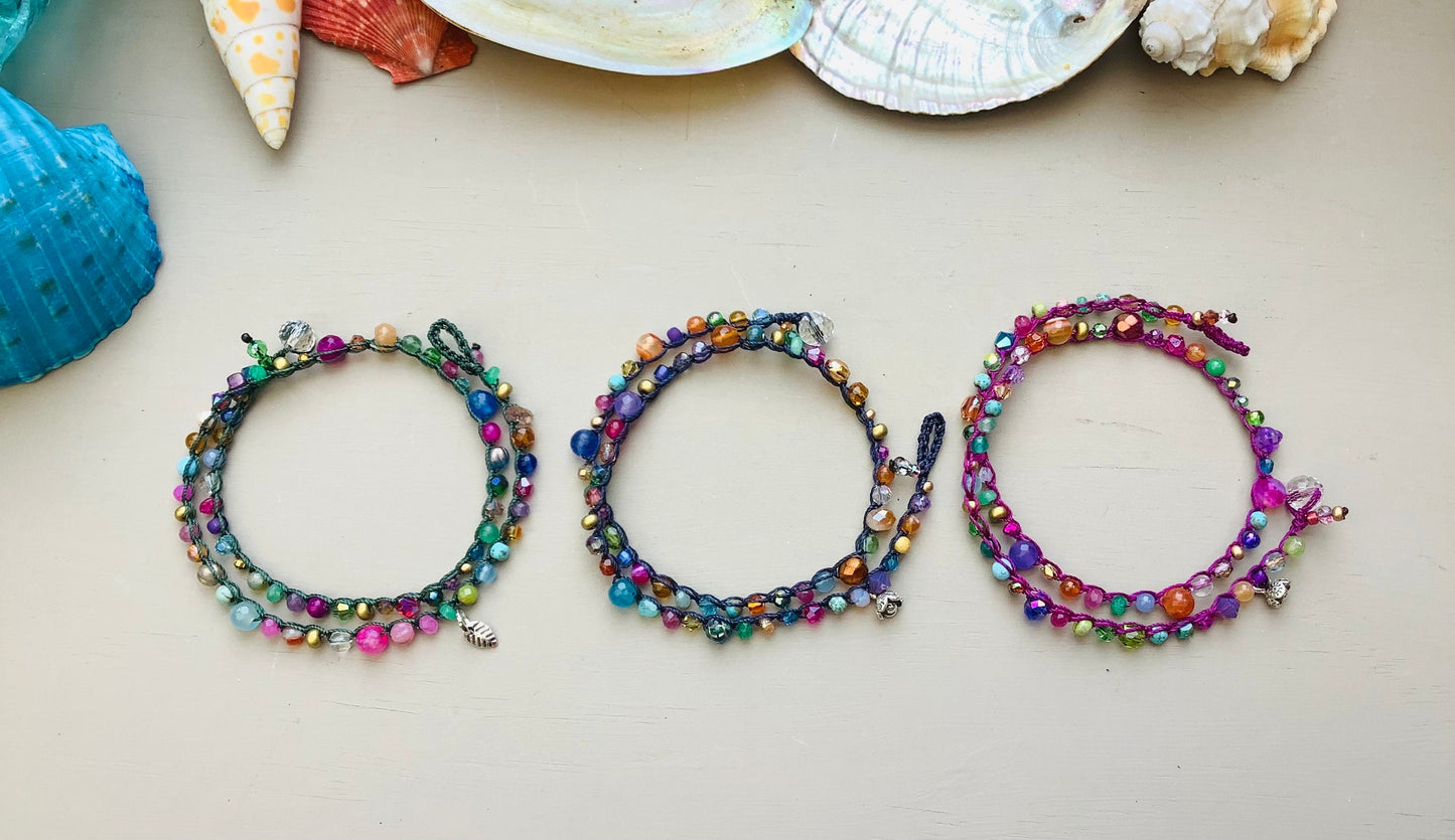 Fern green crocheted double bracelet pretty bracelet, early,natural jewelry