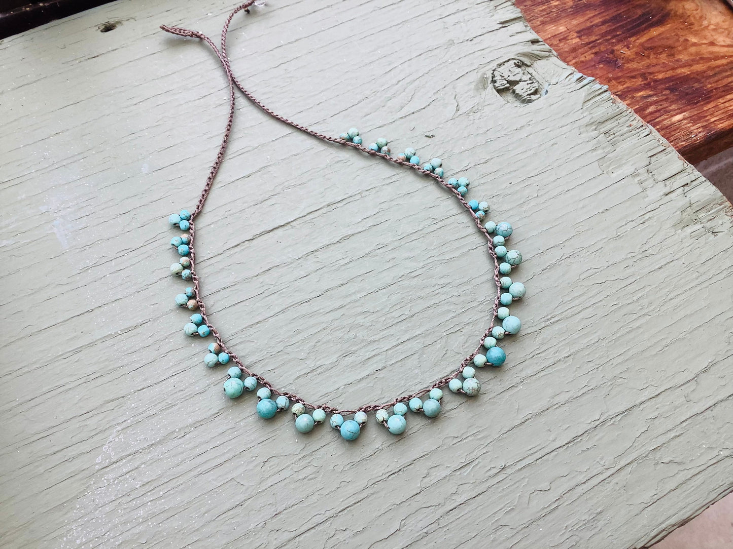 Turquoise Crocheted lace necklace, boho earthy metal fee