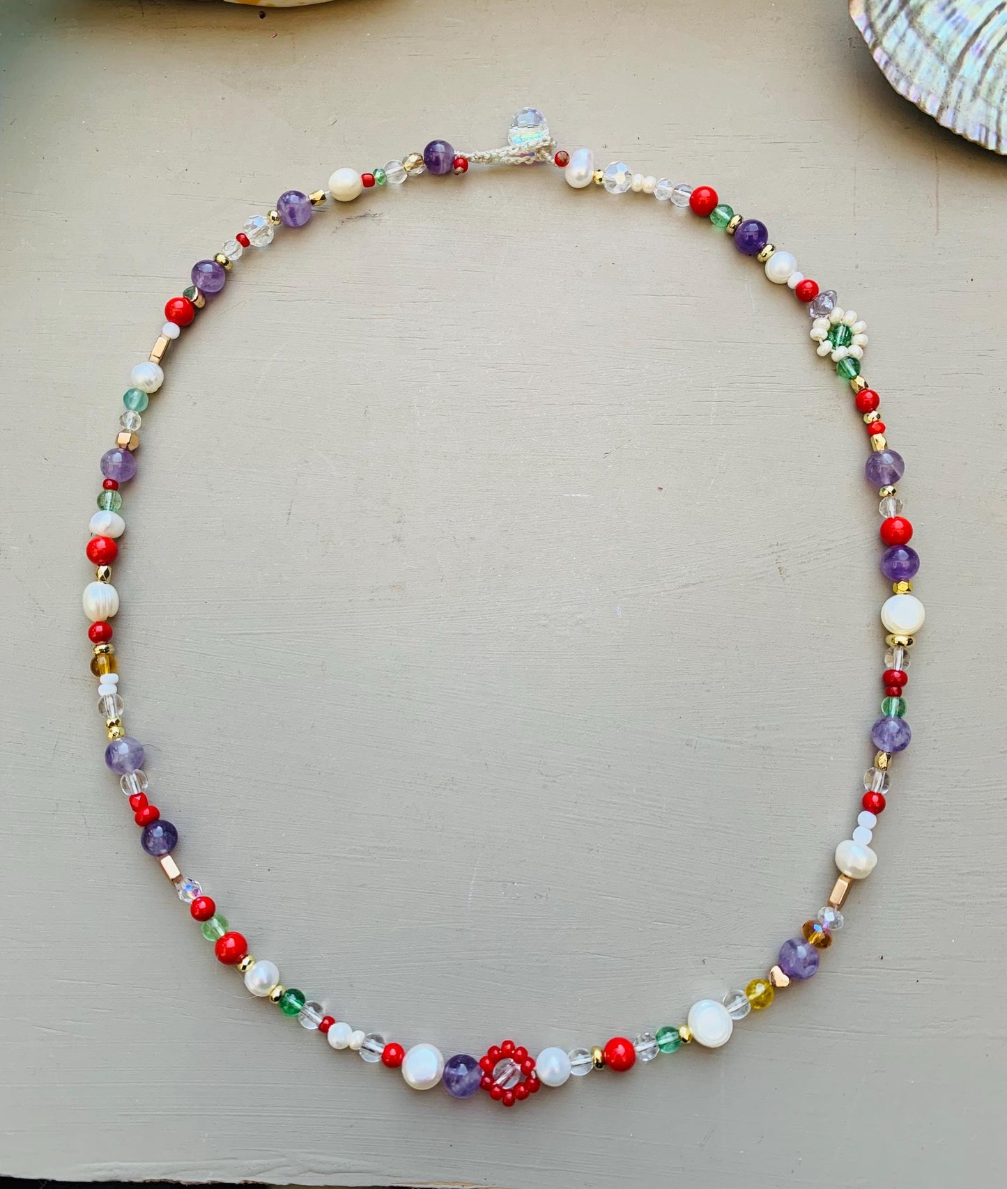 Daisy Pearl Beaded Necklace: Jasper, Amethyst, Agate