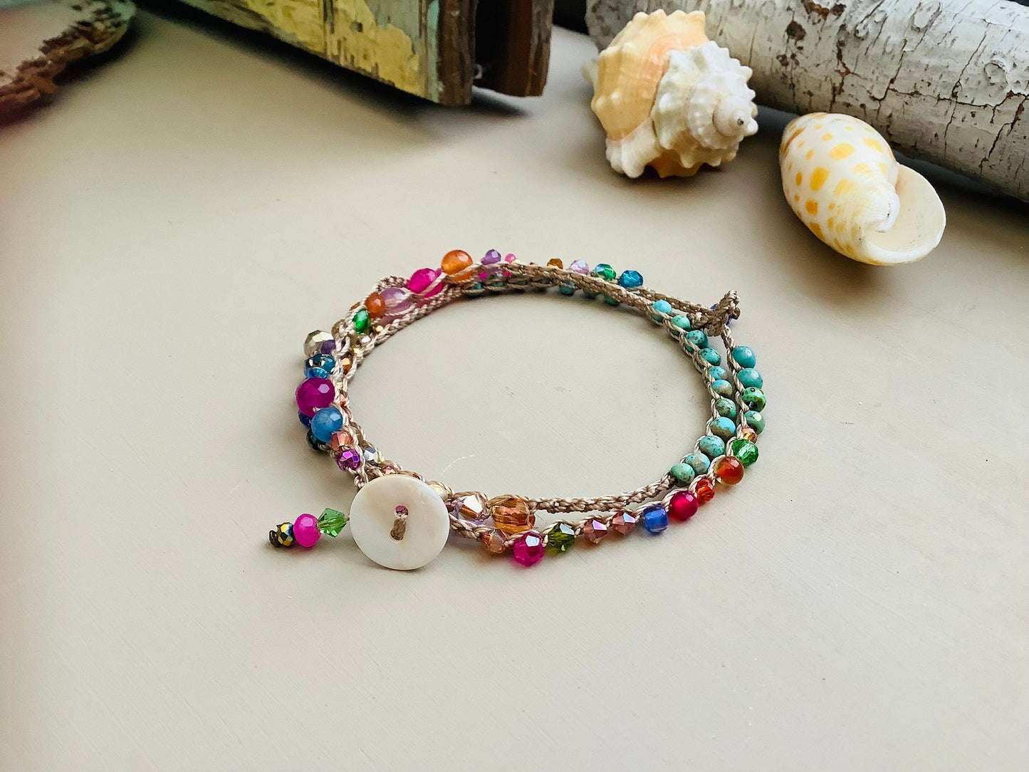 Island girl Turquoise gemstone crystal crocheted 3 times earthy wrap bracelet