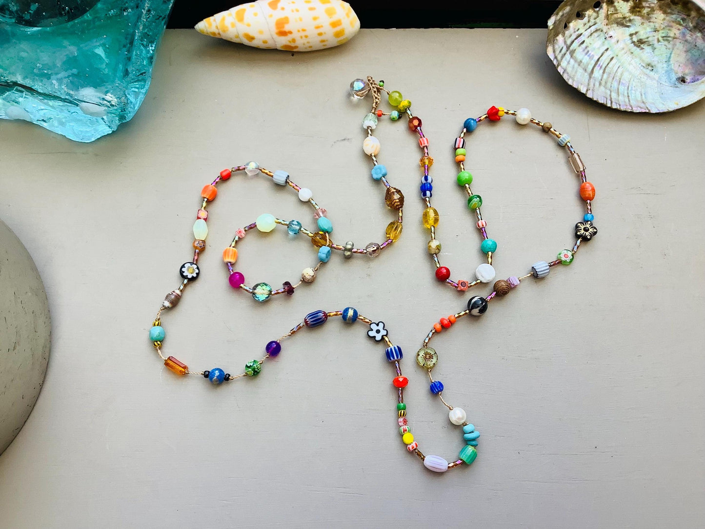 Colorful Gemstone Crystal Necklace: Venetian Ghana Beads, Crocheted Closure