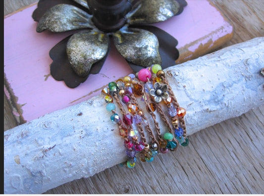 Splash of Pink crocheted wrap bracelet or necklace, natural crocheted jewelry