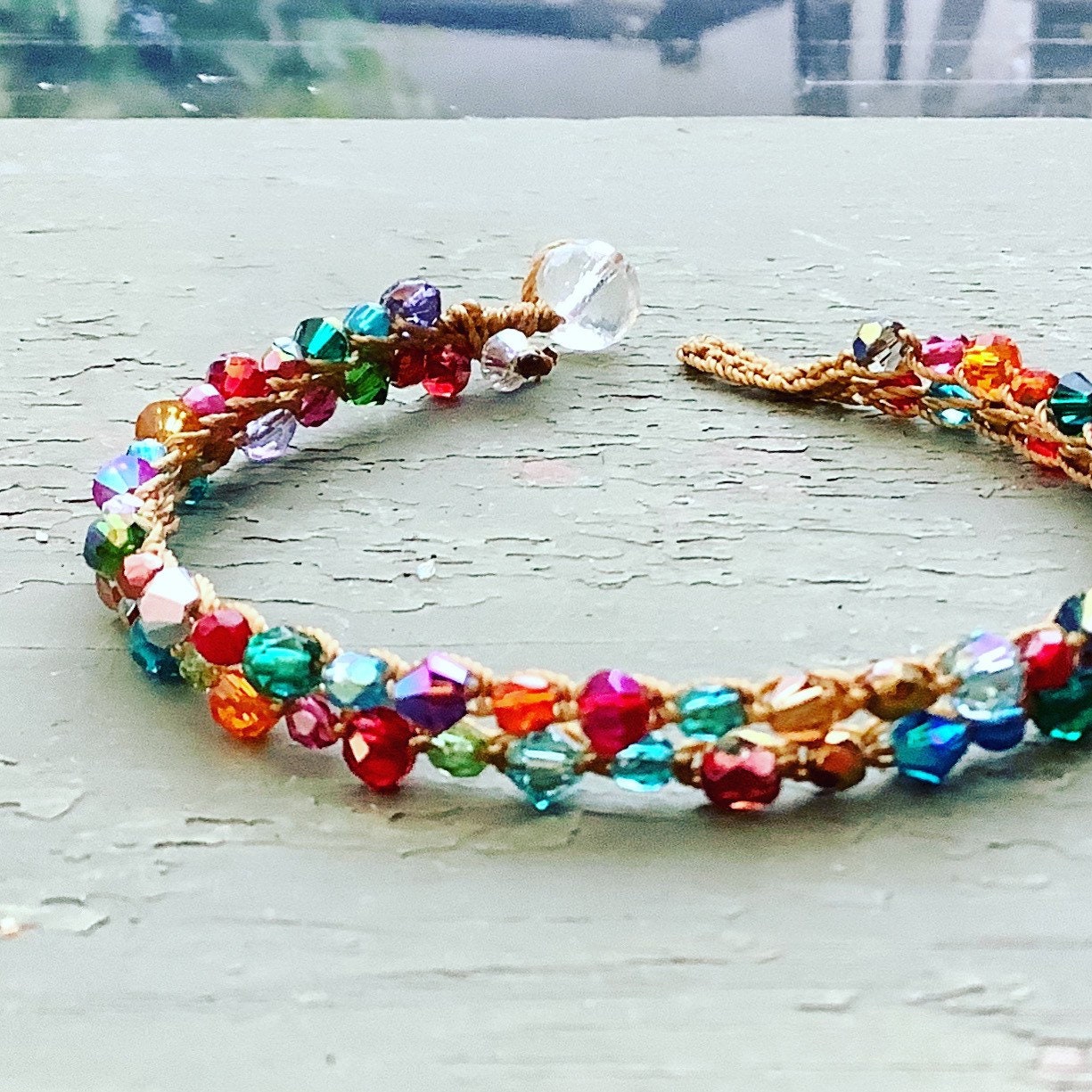 Crocheted double “tennis"  bracelet , Spring Rainbow colors, boho, earthy, natural wear,