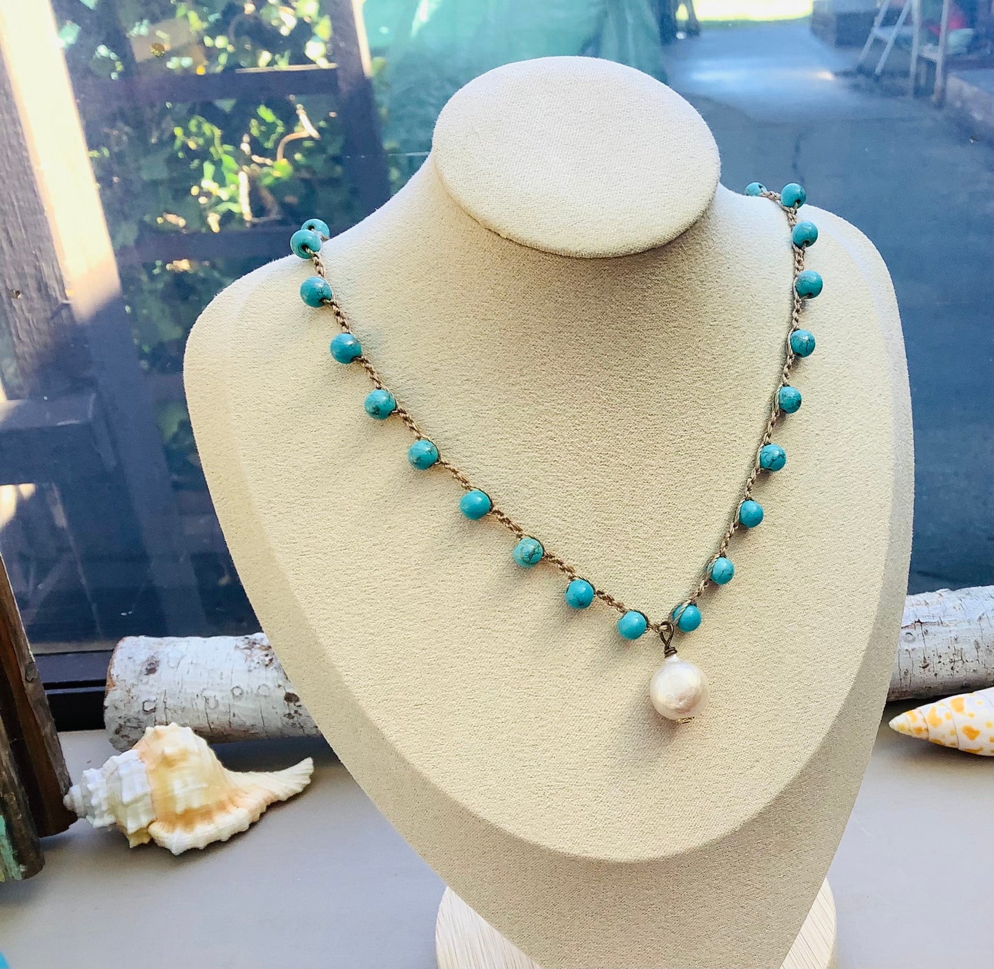 Turquoise Crocheted necklace with baroque pearl pendant