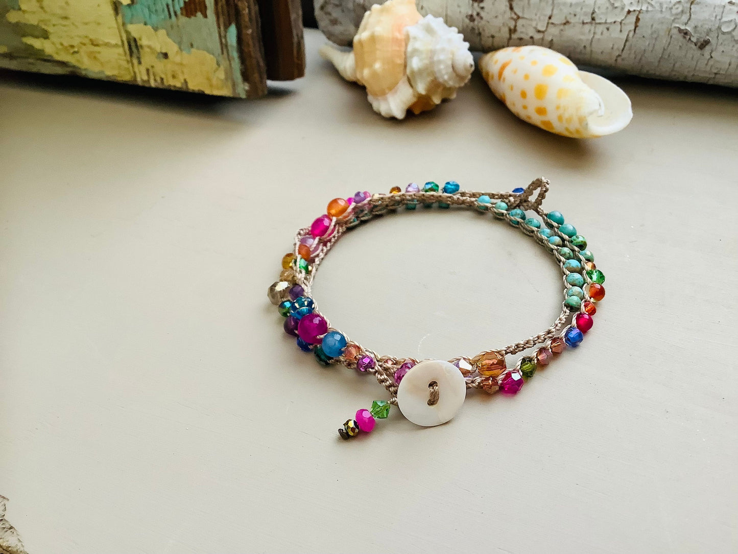 Island girl Turquoise gemstone crystal crocheted 3 times earthy wrap bracelet