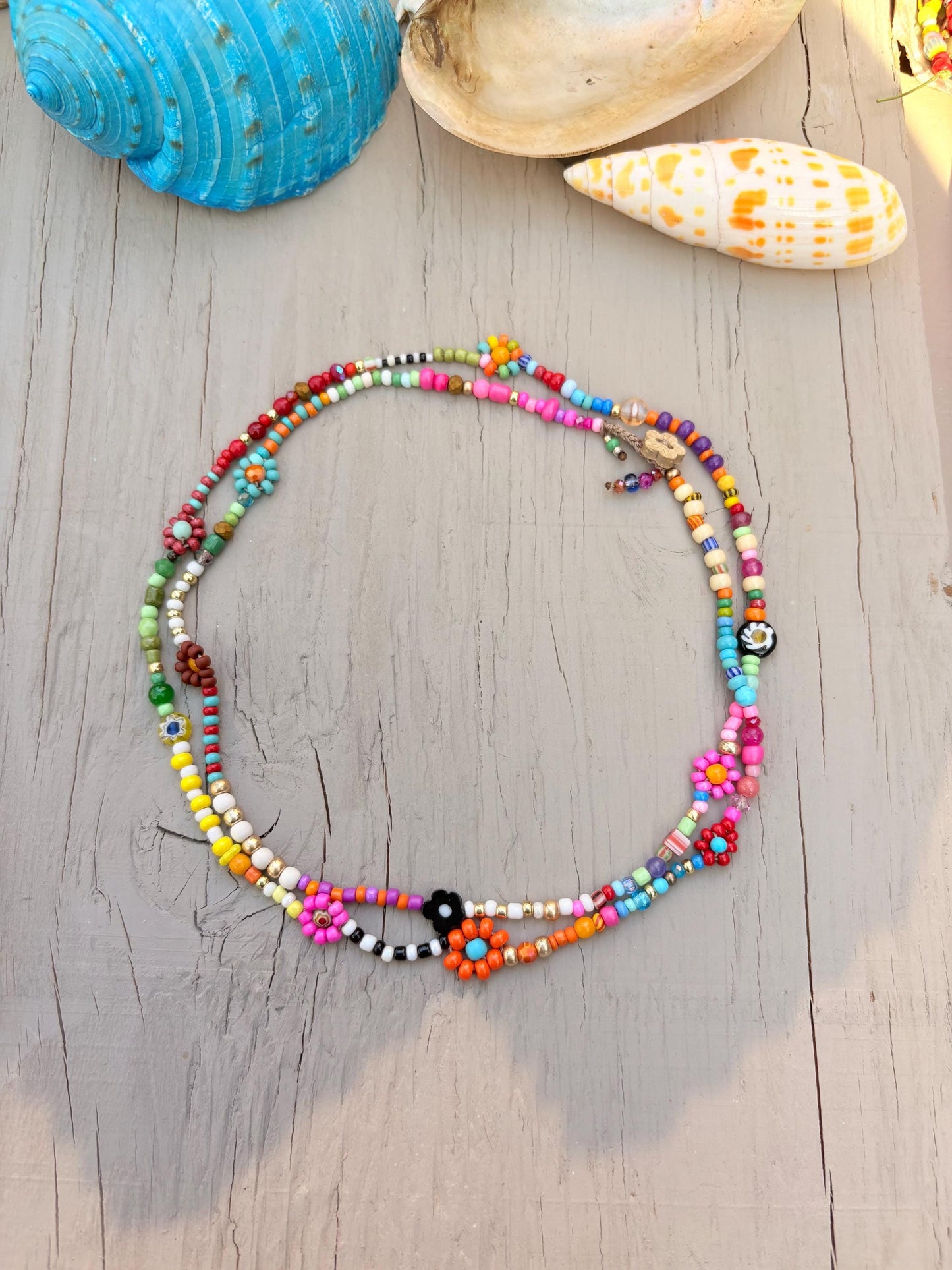 Handwoven Flower Lei Necklace: Colorful Seed Bead Summer Jewelry